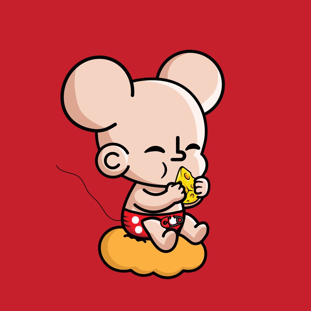 TOTZ with big round mouse ears eating cheese on a red background