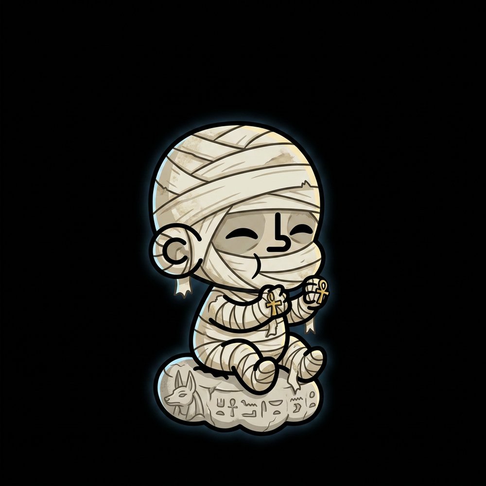 TOTZ wrapped in ancient Egyptian mummy bandages holding ankh charms