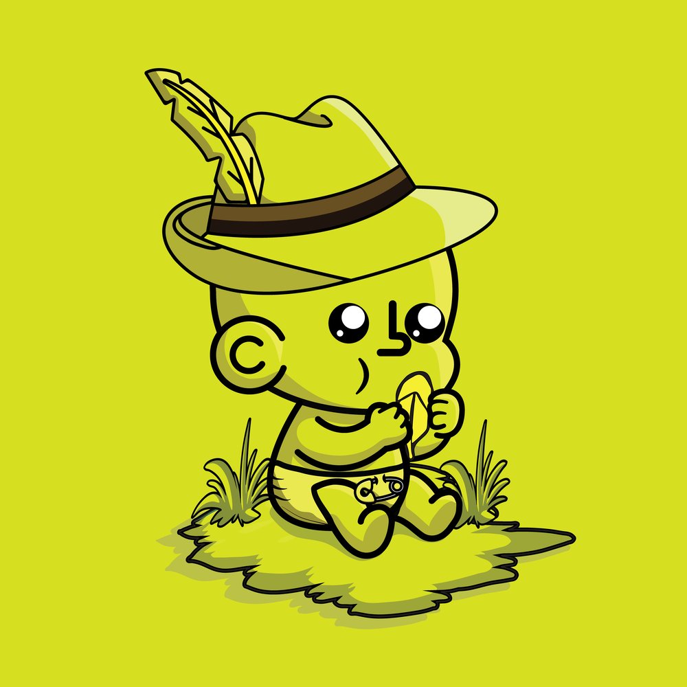 TOTZ wearing a feathered explorer hat eating a banana on green background
